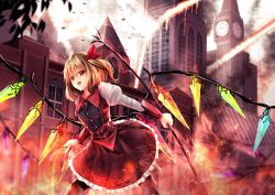 Rule 34 | 1girl, :d, alternate costume, belt, black legwear, blonde hair, burning, clock, clock tower, cowboy shot, crystal, dress, fire, flandre scarlet, frilled dress, frills, from side, hair ribbon, highres, juliet sleeves, laevatein, long sleeves, looking at viewer, looking to the side, no headwear, open mouth, puffy sleeves, red dress, red eyes, red ribbon, ribbon, scarlet devil mansion, sinkai, smile, solo, touhou, tower, vambraces, wings