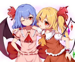 Rule 34 | 2girls, arm up, ascot, back bow, bat wings, belt, black ribbon, blonde hair, blue hair, blush, bow, breasts, buttons, closed mouth, collarbone, collared dress, collared shirt, commentary request, crystal, dress, eyelashes, fang, flandre scarlet, frills, gem, gradient background, hair between eyes, hair ribbon, hand on another&#039;s shoulder, hand on own hip, hand up, jewelry, large bow, medium breasts, multicolored wings, multiple girls, no headwear, one eye closed, one side up, pink dress, puffy short sleeves, puffy sleeves, purple background, red ascot, red belt, red bow, red dress, red eyes, red ribbon, remilia scarlet, ribbon, shirt, short hair, short sleeves, siblings, sisters, smile, snozaki, standing, tongue, tongue out, touhou, white background, white shirt, wings, wrist cuffs, yellow ascot
