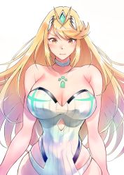 Rule 34 | 1girl, blonde hair, breasts, chest jewel, gem, headpiece, highres, large breasts, long hair, mythra (radiant beach) (xenoblade), mythra (xenoblade), one-piece swimsuit, ribbed swimsuit, solo, strapless, strapless one-piece swimsuit, striped clothes, striped one-piece swimsuit, swept bangs, swimsuit, tiara, two-tone swimsuit, ug333333, vertical-striped clothes, vertical-striped one-piece swimsuit, very long hair, white one-piece swimsuit, xenoblade chronicles (series), xenoblade chronicles 2, yellow eyes