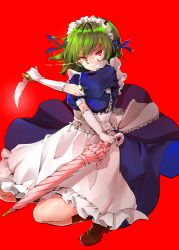 Rule 34 | 1girl, alternate costume, apron, bad id, bad pixiv id, blue dress, blue ribbon, boots, breasts, dagger, dress, enmaided, glasses, gloves, green hair, grin, hair between eyes, kazami yuuka, knife, maid, maid apron, maid headdress, medium breasts, parasol, puffy short sleeves, puffy sleeves, red background, red eyes, ribbon, shironeko yuuki, short hair, short sleeves, smile, solo, squatting, touhou, umbrella, weapon, white gloves