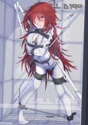 Rule 34 | 1girl, absurdres, bdsm, blush, bound, bound arms, breast zipper, chain, collar, commentary request, egg vibrator, fang, glass door, hair over one eye, heart, heart-shaped pupils, highres, long hair, menou 74, messy hair, nipple clamps, nipples, original, padded walls, pantyhose, pussy juice, red eyes, red hair, sex toy, skin fang, solo, spreader bar, standing, straitjacket, symbol-shaped pupils, variant set, very long hair, vibrator, white pantyhose