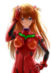 Rule 34 | 1girl, backlighting, blue eyes, breasts, breasts apart, brown hair, colored eyelashes, cowboy shot, hair between eyes, hand on own head, hand on own hip, itoguchi (manma melon), long hair, looking at viewer, medium breasts, neon genesis evangelion, plugsuit, simple background, skin tight, solo, souryuu asuka langley, standing, two side up, very long hair, white background