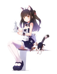 Rule 34 | 1girl, animal, animal ear fluff, animal ears, apron, azur lane, bare arms, bare shoulders, black cat, black dress, black footwear, black hair, black neckwear, blunt bangs, blush, bow, bowtie, breasts, brown eyes, cat, cat ears, cat tail, cleavage, closed mouth, collarbone, commentary request, cup, detached collar, dress, floral print, frilled cuffs, frilled dress, frills, garter straps, hair ribbon, holding, legs together, long hair, looking at viewer, maid, maid apron, mary janes, medium breasts, mochizuki saku, neck ribbon, paw print, red ribbon, ribbon, saucer, shadow, shoes, sidelocks, simple background, sitting, smile, solo, strapless, strapless dress, tail, teacup, teapot, thighhighs, two side up, white apron, white background, white bow, white thighhighs, wrist cuffs, yuugure (azur lane), yuugure (maid-in-training!) (azur lane)