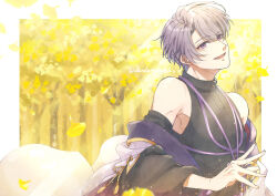 Rule 34 | 1boy, :d, autumn leaves, bare shoulders, black shirt, border, bungou to alchemist, crescent, crescent pin, detached sleeves, eyes visible through hair, falling leaves, ginkgo leaf, ginkgo tree, hair over one eye, hand up, head tilt, highres, jacket, japanese clothes, jewelry, kitahara hakushuu (bungou to alchemist), layered sleeves, leaf, light particles, light rays, long sleeves, looking at viewer, male focus, off shoulder, open mouth, outside border, pendant, purple eyes, purple hair, shirt, short hair, short over long sleeves, short sleeves, sleeveless, sleeveless turtleneck, smile, solo, tassel, tree, tuan zi (son5), turtleneck, twitter username, upper body, white border, white jacket, wide sleeves