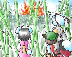 Rule 34 | 3girls, ^^^, animal ears, bad id, bad pixiv id, bamboo, bamboo forest, bare shoulders, bit, bit (kksbit), black hair, brown hair, cat ears, cat girl, cat tail, chen, detached sleeves, explosion, female focus, forest, inaba tewi, inubashiri momiji, multiple girls, multiple tails, nature, rabbit ears, rabbit tail, silver hair, tail, touhou, wolf ears, wolf tail