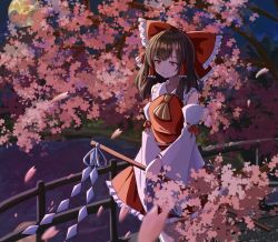 Rule 34 | 1girl, bow, bridge, brown hair, cherry blossoms, closed mouth, detached sleeves, gohei, hair bow, hair tubes, hakurei reimu, highres, holding, medium hair, nontraditional miko, outdoors, red bow, red eyes, ribbon-trimmed sleeves, ribbon trim, shide, sketch book27, solo, standing, touhou, tree, wide sleeves