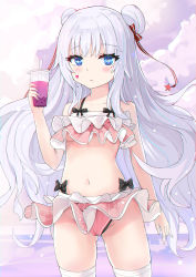 Rule 34 | + +, 1girl, absurdres, azur lane, bare arms, bare shoulders, bikini, blue eyes, blush, cameltoe, closed mouth, collarbone, commentary request, cowboy shot, cup, disposable cup, double bun, drink, drinking straw, facial mark, hair bun, heart, highres, holding, holding cup, le malin (azur lane), long hair, looking at viewer, navel, pink bikini, qianqiu wanxia, skindentation, solo, standing, swimsuit, thighhighs, thighs, very long hair, white hair, white thighhighs