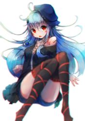 Rule 34 | 1girl, :o, bandaid, bandaid on face, black thighhighs, blue hair, blurry, cross-laced clothes, depth of field, hat, highres, jewelry, kajaneko, knees together feet apart, long hair, looking at viewer, necklace, original, red eyes, ribbon, solo, thighhighs, white background