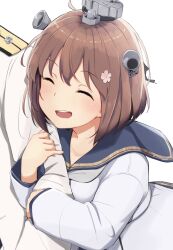 Rule 34 | 1boy, 1girl, admiral (kancolle), black sailor collar, blue sailor collar, blush, brown hair, brown neckerchief, closed eyes, dress, flower, grey neckerchief, grey necktie, hair flower, hair ornament, headgear, highres, kantai collection, long hair, long sleeves, ludens (inonaka koubou), neckerchief, necktie, open mouth, out of frame, sailor collar, sailor dress, short hair, smile, speaking tube headset, white dress, yukikaze (kancolle), yukikaze kai ni (kancolle)