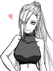 Rule 34 | 1girl, breasts, decomposition f, female focus, hair over one eye, hand on own hip, heart, large breasts, long hair, looking at viewer, monochrome, naruto, naruto (series), ninja, ponytail, sketch, smile, solo, spot color, yamanaka ino