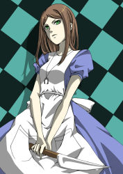 Rule 34 | 1girl, alice: madness returns, alice (alice in wonderland), alice in wonderland, alice liddell (american mcgee&#039;s alice), american mcgee&#039;s alice, breasts, brown hair, dress, female focus, green eyes, jewelry, knife, long hair, necklace, solo, yumeoti