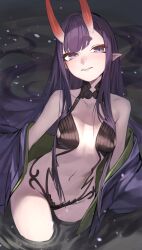 Rule 34 | 1girl, alternate hair length, alternate hairstyle, bare shoulders, breasts, chorogon, collarbone, eyeliner, fate/grand order, fate (series), highres, horns, japanese clothes, kimono, long hair, long sleeves, looking at viewer, makeup, navel, off shoulder, oni, open clothes, open kimono, purple eyes, purple hair, purple kimono, revealing clothes, shuten douji (fate), skin-covered horns, small breasts, smile, very long hair, wading, water, wet, wide sleeves