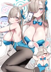 Rule 34 | 1boy, 1girl, absurdres, animal ears, ass, asuna (blue archive), asuna (bunny) (blue archive), black pantyhose, blue archive, blue eyes, blue leotard, blush, breasts, brown hair, caramelldansen, card, cleavage, collar, detached collar, doodle sensei (blue archive), fake animal ears, fake tail, gloves, highres, holding, holding card, hug, large breasts, leotard, long hair, looking at viewer, mole, mole on breast, official alternate costume, pantyhose, rabbit ears, rabbit tail, sensei (blue archive), sideboob, smile, strapless, strapless leotard, tail, tamotsu (mary), very long hair, white collar, white gloves