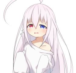 Rule 34 | 1girl, absurdres, ahoge, blue eyes, blush, collarbone, crying, crying with eyes open, fang, grey hair, hair between eyes, hands up, heterochromia, highres, idaten93, long hair, long sleeves, looking at viewer, off shoulder, original, oversized clothes, oversized shirt, parted lips, red eyes, ruua (idaten93), shirt, simple background, sleeves past fingers, sleeves past wrists, solo, tears, upper body, very long hair, white background, white shirt