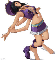 1girl aosora2823 black_hair blue_eyes blunt_bangs boots breasts commission cowboy_hat dark-skinned_female dark_skin extra_arms full_body hana_hana_no_mi hat highres medium_breasts navel nico_robin nico_robin_(alabasta) one_piece pixiv_commission purple_footwear purple_skirt restrained simple_background skirt solo tan white_background