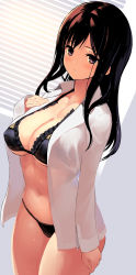 Rule 34 | 1girl, alice gear aegis, black bra, black hair, black panties, bra, breasts, cleavage, collarbone, collared shirt, commentary request, covered erect nipples, cowboy shot, dress shirt, frilled bra, frills, halterneck, hand on own chest, highres, kagome misaki, large breasts, lingerie, long hair, long sleeves, looking at viewer, messy (efuya), mole, mole under eye, navel, no pants, open clothes, open shirt, panties, parted lips, purple eyes, shirt, solo, standing, stomach, string panties, thighs, underwear, wet, white shirt, window blinds, window shutter