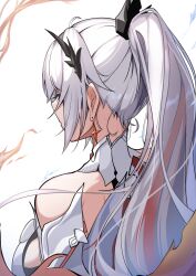 Rule 34 | 1girl, absurdres, bare shoulders, closed mouth, commentary request, earrings, from behind, grey hair, highres, honkai (series), honkai impact 3rd, jewelry, kamishiro noa, kiana kaslana, long hair, multicolored hair, ponytail, red hair, sidelocks, simple background, solo, streaked hair, white background