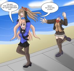 Rule 34 | absurdres, beach, chasing, comic, commission, disembodied head, headless, highres, johnston (kancolle), kantai collection, kumano (kancolle), ocean, ponytail, running, skirt, sweater, twintails