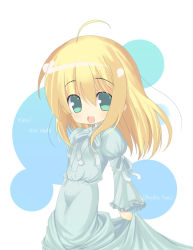 Rule 34 | 00s, 1girl, ahoge, artoria pendragon (all), artoria pendragon (fate), blonde hair, blue dress, blue eyes, cowboy shot, dress, fate/stay night, fate (series), juliet sleeves, long sleeves, looking at viewer, official alternate costume, omiso, omiso (omiso), puffy long sleeves, puffy sleeves, saber (fate), simple background, solo, white background