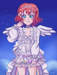 Rule 34 | 1girl, alternate hairstyle, angel wings, aqua eyes, artist name, artist request, back bow, blue sky, blush, bow, breasts, center frills, cloud, collarbone, cross-laced clothes, cross-laced dress, curly hair, detached collar, dress, female focus, frilled dress, frilled skirt, frills, green eyes, hair between eyes, hair bobbles, hair ornament, highres, kurosawa ruby, long sleeves, looking at viewer, love live!, love live! school idol festival, love live! school idol festival all stars, love live! sunshine!!, miniskirt, night, night sky, on cloud, outdoors, parted lips, plaid, plaid dress, plaid skirt, pleated, pleated dress, pleated skirt, pointing, pointing at self, puffy long sleeves, puffy sleeves, red hair, short hair, skirt, sky, small breasts, smile, solo, star (sky), star (symbol), star hair ornament, sweet little angel (love live!), tiara, white bow, white detached collar, white dress, white skirt, white wings, wings