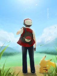 Rule 34 | 1990s (style), 1boy, backpack, bag, black hair, creatures (company), field, fingerless gloves, from behind, game freak, gen 1 pokemon, gloves, grass, hat, highres, nintendo, pikachu, pokemon, pokemon (creature), pokemon rgby, red (pokemon), retro artstyle, shine sapphire, sunlight
