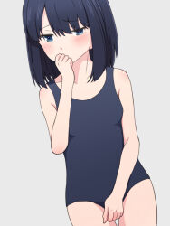 Rule 34 | 1girl, anzai kokoro, blue eyes, blue hair, blush, bob cut, breasts, covering own mouth, cowboy shot, dutch angle, embarrassed, grey background, kagami no kojou, looking at viewer, meow (nekodenki), new school swimsuit, one-piece swimsuit, school swimsuit, short hair, simple background, small breasts, solo, swimsuit