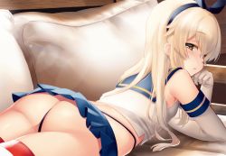 Rule 34 | 10s, 1girl, ass, black panties, blonde hair, blue skirt, couch, crop top, elbow gloves, gloves, hair ribbon, kantai collection, long hair, looking at viewer, lying, microskirt, on stomach, panties, pillow, pleated skirt, ribbon, sailor collar, shimakaze (kancolle), skirt, solo, striped clothes, striped thighhighs, tareme, thighhighs, thong, underwear, white gloves, yellow eyes, yumeki