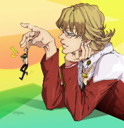 Rule 34 | 10s, 2boys, bad id, bad pixiv id, barnaby brooks jr., blonde hair, brown eyes, brown hair, cabbie hat, eyelashes, facial hair, glasses, green eyes, hand on another&#039;s chin, hand on own chin, hat, jacket, jewelry, kaburagi t. kotetsu, lightning bolt symbol, male focus, mini person, miniboy, multiple boys, necklace, necktie, red jacket, short hair, string, stubble, tiger &amp; bunny, vest, waistcoat, x hako