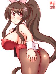Rule 34 | 1girl, animal ears, artist logo, ass, between breasts, blush, bow, bowtie, breasts, brown eyes, brown hair, cherry blossoms, covered navel, dated, detached collar, fake animal ears, fake tail, highleg, highleg leotard, kanon (kurogane knights), kantai collection, large breasts, leotard, looking at viewer, necktie, necktie between breasts, one-hour drawing challenge, pantyhose, playboy bunny, ponytail, rabbit ears, rabbit tail, red leotard, solo, strapless, strapless leotard, tail, traditional bowtie, wrist cuffs, yamato (kancolle)