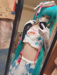 Rule 34 | arm warmers, blue hair, brown eyes, cellphone, cosplay, cosplay request, highres, japanese (nationality), kotomitako, mask, midriff, mirror, mouth mask, navel, phone, photo (medium), real life, smartphone, solo, surgical mask, tagme, trap, wig