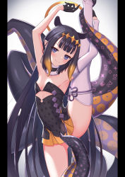 Rule 34 | 1girl, armpits, bare shoulders, black dress, black gloves, blue eyes, blunt bangs, blush, breasts, choker, cocoablue23, commentary request, convenient censoring, detached sleeves, dress, flexible, fur-trimmed choker, fur trim, gloves, halo, highres, hololive, hololive english, leg lift, leg up, long hair, looking at viewer, mole, mole under eye, ninomae ina&#039;nis, ninomae ina&#039;nis (1st costume), pointy ears, purple hair, revision, smile, solo, split, standing, standing on one leg, standing split, tentacle hair, tentacles, thighhighs, thighs, virtual youtuber, white thighhighs