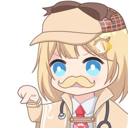Rule 34 | 1girl, blonde hair, blue eyes, bow, bright pupils, brown hat, chibi, coat, collared shirt, deerstalker, fake facial hair, fake mustache, hair ornament, hat, hat bow, hololive, hololive english, multicolored clothes, multicolored hat, necktie, open mouth, pointing, red necktie, shirt, short hair, short necktie, solo, stethoscope, upper body, virtual youtuber, watson amelia, watson amelia (1st costume), white pupils, white shirt, yellow coat, zephylyne