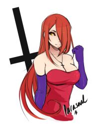 Rule 34 | 1girl, bare shoulders, breasts, cleavage, cosplay, cross, cross necklace, female focus, gloves, hair over one eye, inverted cross, jessica rabbit (cosplay), jewelry, long hair, necklace, nightcreepmax, parasoul (skullgirls), red hair, skullgirls, solo, tagme, upper body, yellow eyes