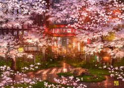 Rule 34 | 6+others, abandoned, animal, building, cherry blossoms, crosswalk, grass, highres, multiple others, night, no humans, original, outdoors, overgrown, ripples, ruins, scenery, sign, spring (season), tiger, tokyogenso, tree, water, window