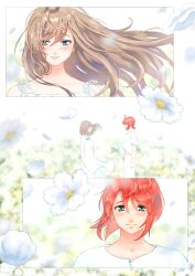 Rule 34 | 1boy, 1girl, alternate costume, bare shoulders, blue eyes, blurry, blurry background, blush, closed mouth, commentary request, couple, dress, falling petals, field, floating hair, flower, flower field, green eyes, hair between eyes, highres, light brown hair, long hair, looking at another, luke fon fabre, midriff, oda itsuki, pants, petals, red hair, shirt, short hair, sleeveless, sleeveless dress, smile, spaghetti strap, tales of (series), tales of the abyss, tear grants, upper body, white dress, white flower, white pants, white shirt, wind, wind lift