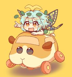 Rule 34 | + +, 1girl, :d, absurdres, antennae, barefoot, blue hair, blush, brown eyes, butterfly wings, chibi, commentary request, crossover, dress, eternity larva, girl on top, green dress, hair between eyes, hair ornament, highres, insect wings, kaoling, leaf hair ornament, lying, on stomach, open mouth, outstretched arm, pointing, potato (pui pui molcar), pui pui molcar, shadow, smile, solo, touhou, wings, yellow background
