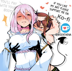Rule 34 | 2girls, absurdres, ariel (kumo desu ga nani ka?), black gloves, blush, breasts, brown hair, choker, commentary, demon tail, elbow gloves, english commentary, english text, gloves, grabbing, grabbing another&#039;s breast, grabbing from behind, heart, highres, horns, ko-fi logo, kumo desu ga nani ka?, large breasts, long hair, long sleeves, multiple girls, nervous sweating, niseathena, one eye closed, parted lips, pink choker, pink hair, pointy ears, red eyes, shadow, shiraori, simple background, sweat, tail, twitter username, upper body, white background, yuri