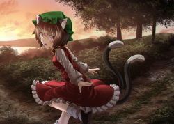 Rule 34 | 1girl, :o, animal ear fluff, animal ears, arms behind back, black footwear, bob cut, breasts, bright pupils, brown hair, cat ears, cat tail, chen, cloud, cloudy sky, commentary, earrings, fang, foot out of frame, green hat, hat, highres, jewelry, kakutasu (akihiron cactus), lake, leg lift, long sleeves, looking at viewer, mob cap, mountain, multiple tails, open mouth, outdoors, petticoat, red eyes, red skirt, red vest, shirt, short hair, single earring, skirt, sky, small breasts, solo, standing, standing on one leg, tail, touhou, tree, twilight, vest, white legwear, white pupils, white shirt