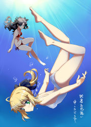 Rule 34 | 2girls, ahoge, air bubble, artoria pendragon (all), artoria pendragon (fate), ass, bare shoulders, barefoot, bikini, blonde hair, bow, breasts, breath, brown hair, bubble, cleavage, covered erect nipples, diving, fate/stay night, fate (series), freediving, gradient background, green eyes, hair bow, hair ribbon, holding breath, legs, long hair, looking at viewer, multiple girls, namonashi, one-piece swimsuit, ponytail, red bikini, ribbon, saber (fate), short hair, side-tie bikini bottom, small breasts, smile, sunlight, swimming, swimsuit, tohsaka rin, translation request, twintails, two side up, underwater, white one-piece swimsuit