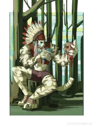 Rule 34 | 1boy, ^ ^, absurdres, alternate costume, animal ears, arknights, bara, cactus, closed eyes, facepaint, facial hair, feathers, furry, furry male, goatee, headdress, highres, holding, large hands, laughing, male focus, mountain (arknights), muscular, muscular male, native american headdress, scar, scar across eye, scar on arm, short hair, sitting, solo, thick eyebrows, tiger boy, tiger ears, tribal, v-taper, white hair, yingou li de wenyi zhi yuan