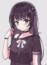 Rule 34 | 1girl, absurdres, bad id, bad pixiv id, black hair, blush, bow, breasts, brown choker, brown shirt, brown skirt, choker, closed mouth, collarbone, commentary request, grey background, grey eyes, hand up, highres, long hair, looking at viewer, nagisa (cxcx5235), off shoulder, original, school uniform, shirt, short sleeves, simple background, skirt, small breasts, solo, upper body, very long hair, white bow