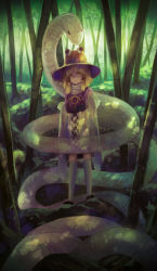 Rule 34 | 1girl, 91 (968087), 968087 (pixiv), bad id, bad pixiv id, bamboo, bamboo forest, blonde hair, dappled sunlight, detached sleeves, forest, hair ribbon, hands in opposite sleeves, hat, looking at viewer, mishaguji, moriya suwako, nature, outdoors, own hands together, ribbon, serious, snake, solo, standing, sunlight, thighhighs, touhou, turtleneck, white thighhighs, yellow eyes