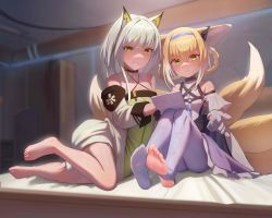Rule 34 | 2girls, absurdres, animal ear fluff, animal ears, arknights, bad id, bad pixiv id, barefoot, bed sheet, black gloves, blonde hair, blue hairband, blurry, blurry background, blush, cat ears, chinese commentary, clenched teeth, closed mouth, commentary request, dress, earpiece, feet, female focus, fox ears, fox girl, fox tail, gloves, green dress, green eyes, grey hair, hair rings, hairband, highres, holding, indoors, kal&#039;tsit (arknights), leaning to the side, legs, legs together, long hair, looking at viewer, multiple girls, multiple tails, off-shoulder dress, off-shoulder jacket, off shoulder, pantyhose, purple pantyhose, shadow, shiny skin, sitting, soles, stirrup legwear, suzuran (arknights), taichi suzuki, tail, teeth, thighs, toeless legwear, toes, torn clothes, torn legwear, white gloves