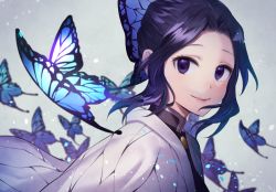 Rule 34 | 1girl, black hair, bug, butterfly, butterfly hair ornament, hair ornament, insect, japanese clothes, kimetsu no yaiba, kochou shinobu, looking at viewer, omochimochi, purple eyes, smile, solo, too many, too many butterflies, white background