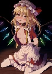Rule 34 | 1girl, alternate costume, apron, arms behind back, bdsm, black background, black footwear, blonde hair, blush, bondage, bound, bound wrists, breasts, collar, crying, crying with eyes open, enmaided, flandre scarlet, frilled skirt, frills, hat, hat ribbon, looking at viewer, maid, miniskirt, mob cap, nipples, one side up, pointy ears, red collar, red ribbon, red skirt, ribbon, shoes, sitting, skirt, small breasts, solo, tears, touhou, touya (konpekitou), wariza, white hat, white legwear, wings, yellow eyes