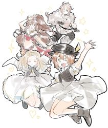 Rule 34 | aubz, blonde hair, blush, braid, brown hair, closed eyes, dancer, dress, elbow gloves, fur trim, gloves, h&#039;aanit (octopath traveler), hair ornament, hat, jewelry, long hair, looking at viewer, multiple girls, navel, necklace, octopath traveler, octopath traveler i, one eye closed, open mouth, ophilia (octopath traveler), ponytail, primrose azelhart, short hair, simple background, smile, tressa (octopath traveler), waving, white background