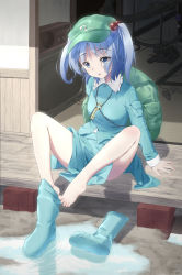 Rule 34 | 1girl, absurdres, arm support, armillary sphere, barefoot, blue eyes, blue hair, boots, unworn boots, breasts, cable, case, computer, controller, feet, game controller, gamepad, hair bobbles, hair ornament, hat, hex (tanhexun), highres, kawashiro nitori, key, long sleeves, matching hair/eyes, no socks, open mouth, pocket, puddle, radio, rubber boots, shoes, short hair, single shoe, sitting, skirt, skirt set, small breasts, solo, toes, touhou, twintails, two side up, veranda, water