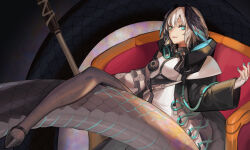 Rule 34 | 1girl, arknights, belt, between breasts, black coat, black feathers, black footwear, black pantyhose, black wings, blue eyes, blue feathers, blue wings, breasts, chair, chinese commentary, coat, commentary request, dayday2333, feathered wings, feathers, fingerless gloves, gloves, grey hair, hair between eyes, head wings, ho&#039;olheyak (arknights), infection monitor (arknights), lips, long sleeves, long tail, looking at viewer, medium breasts, medium hair, nail polish, open clothes, open coat, pantyhose, sitting, smile, snake tail, solo, staff, strap between breasts, tail, two-tone wings, white belt, white gloves, wings
