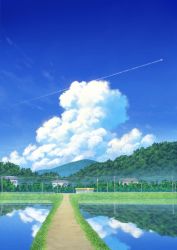 Rule 34 | akairyokucha, blue sky, cloud, contrail, convenience store, cumulonimbus cloud, day, forest, highres, house, landscape, mountain, mountainous horizon, nature, no humans, original, outdoors, power lines, railing, reflection, reflective water, rice paddy, road, rural, scenery, shop, sky, tree, utility pole, vanishing point, water