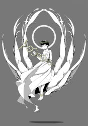 Rule 34 | 10s, 1boy, :&lt;, alternate costume, ancient greek clothes, ankle wings, ankle wrap, bad id, bad pixiv id, bare shoulders, barefoot, barefoot sandals (jewelry), black hair, caduceus, chiton, closed eyes, closed mouth, collarbone, colored skin, feathered wings, floating, full body, greco-roman clothes, grey background, halo, head wreath, highres, holding, holding staff, leaf, male focus, matsuno choromatsu, monochrome, multiple wings, osomatsu-kun, osomatsu-san, osomatsu (series), sameko, simple background, snake, solo, staff, white skin, wings